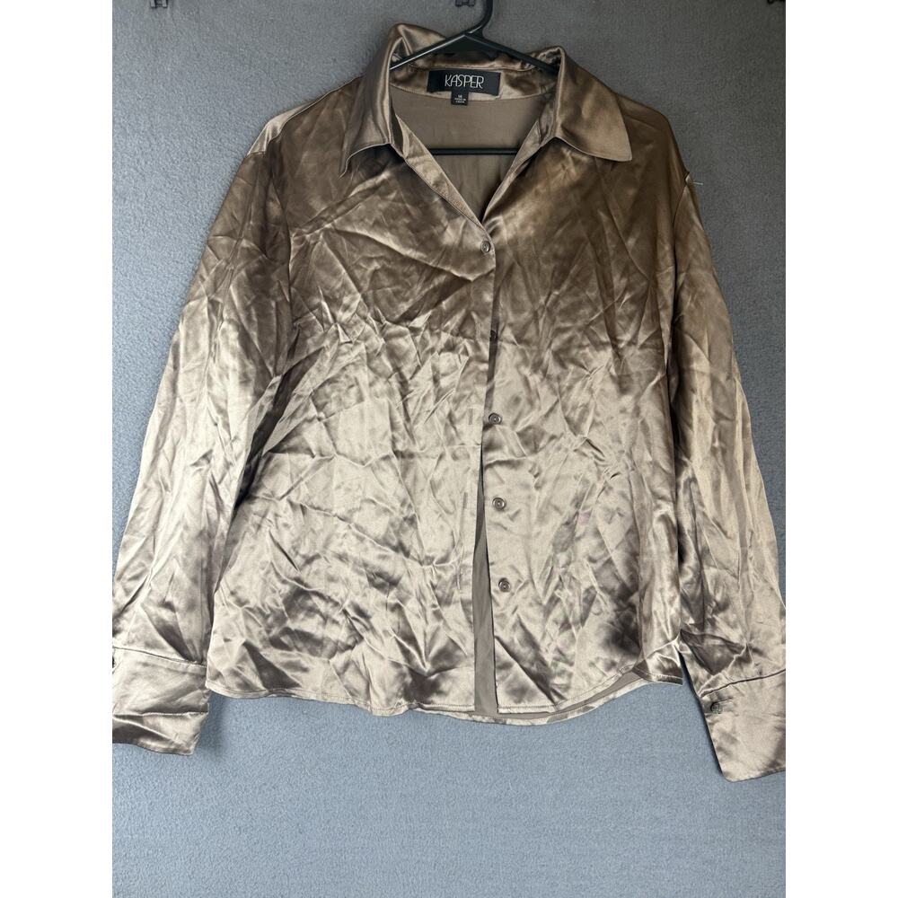 Kasper Womens Taupe 100% Silk Button Up Long Sleeve Shirt Blouse Size 14